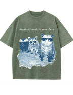 Vintage Washed Support Local Street Cats Graphic T Shirt