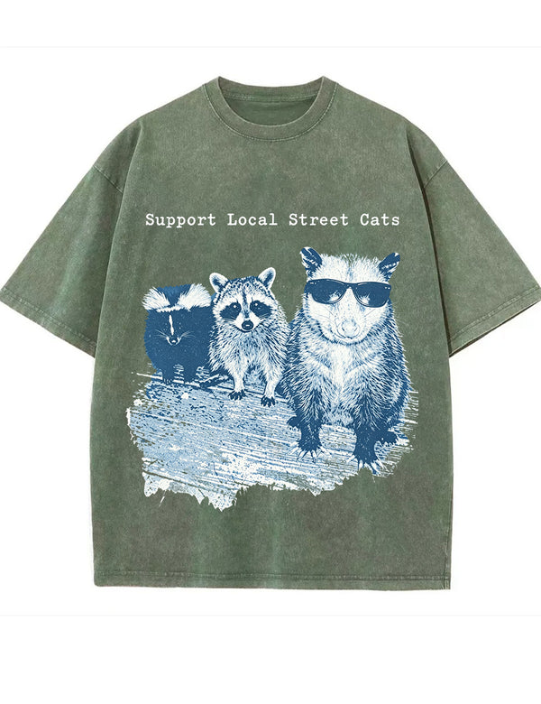 Vintage Washed Support Local Street Cats Graphic T Shirt
