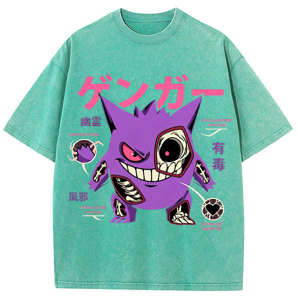 Vintage Washed Blue Skeleton Gengar Japanese Graphic Tee