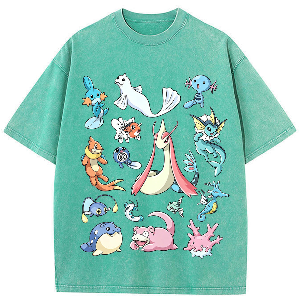 Aquatic Water Pokemon Collage Vintage Washed T-Shirt | Pokemon Anime