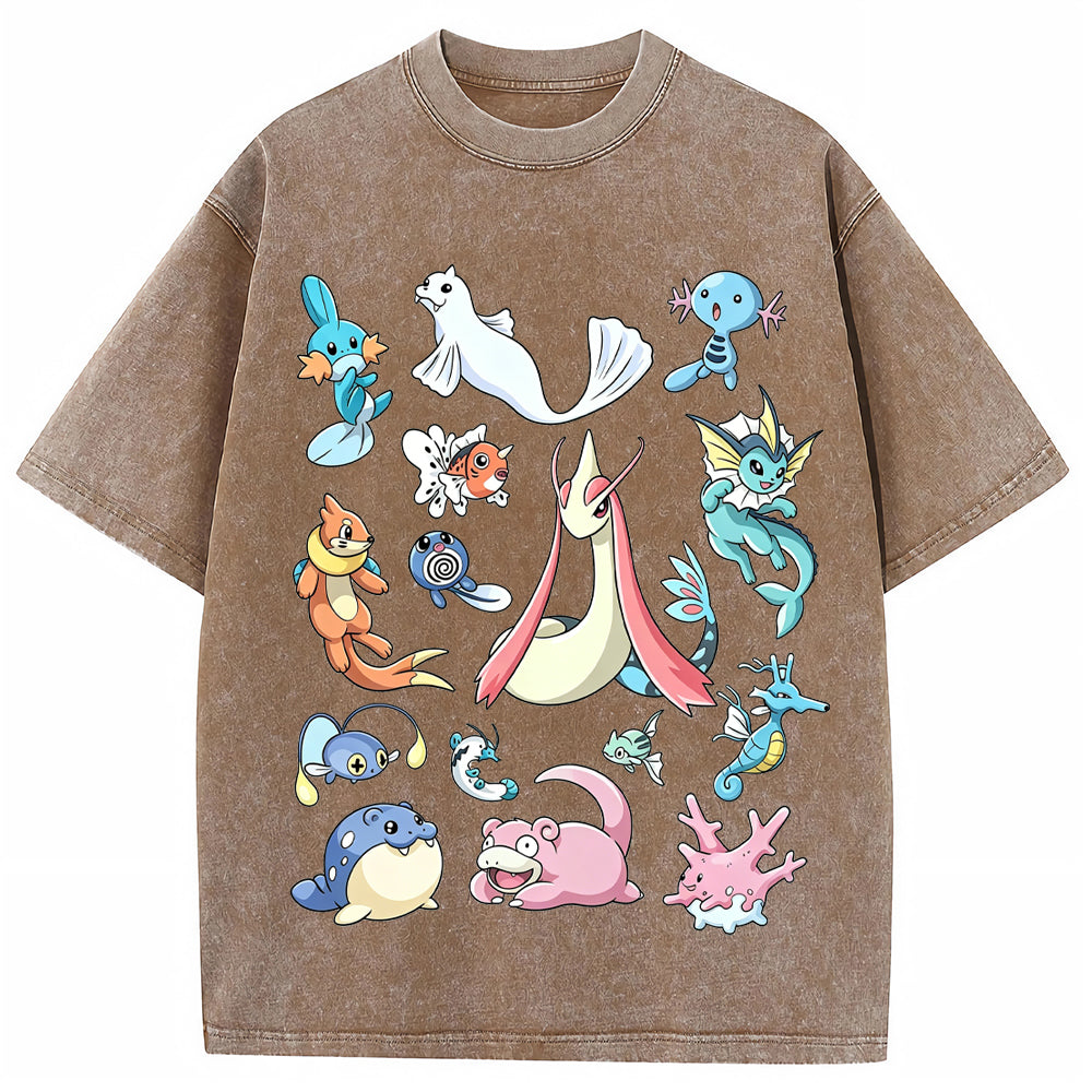 Aquatic Water Pokemon Collage Vintage Washed T-Shirt | Pokemon Anime