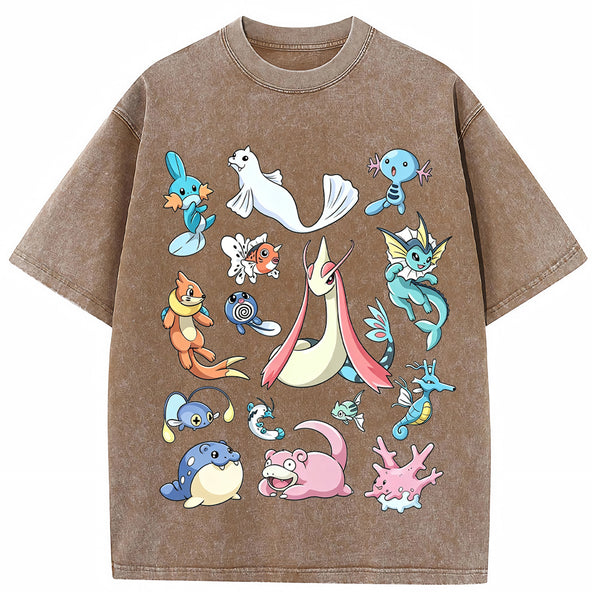 Aquatic Water Pokemon Collage Vintage Washed T-Shirt | Pokemon Anime
