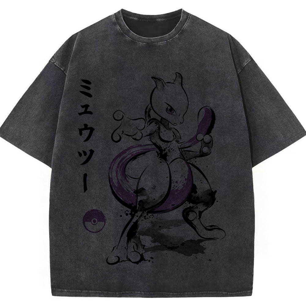Sumie Mewtwo Kanji Wash Vintage Tee | Pokemon Anime