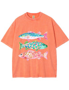 Vintage Washed Colorful Leopard Fish Graphic T‑Shirt