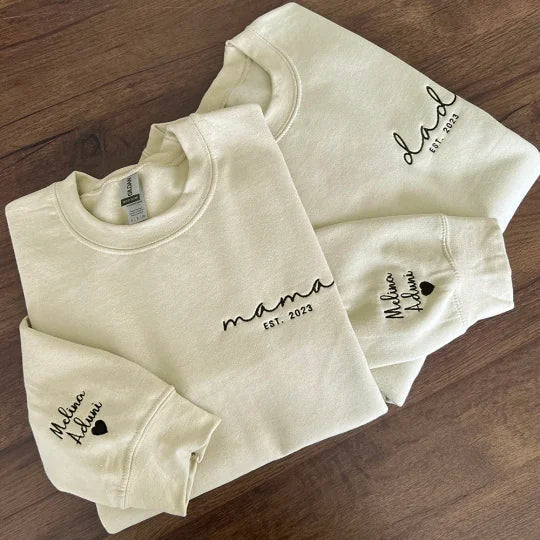 Custom Mama Dad Embroidered Sweatshirt With Names On Sleeve