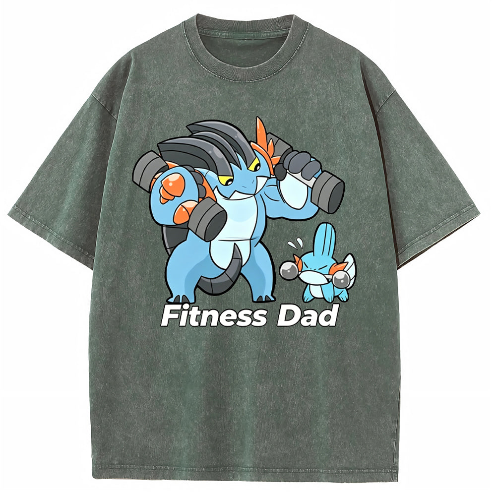 Fitness Dad Marshtomp Mudkip Gym Cartoon Vintage Washed T-Shirt