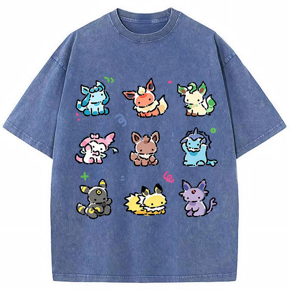 Vintage Washed Cute Chibi Eeveelutions PKM Graphic T Shirt