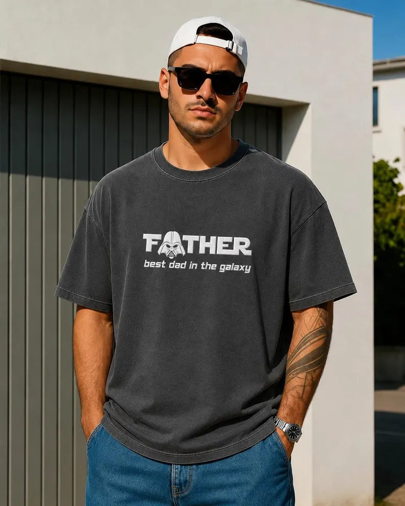 Space Dad Embroidered Washed T-Shirt, Best Dad in the Galaxy Tee Main image