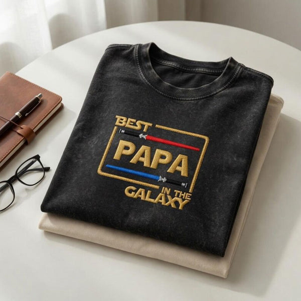 Embroidered Washed Cotton T-Shirt, Papa in Galaxy, Father's Day Gift