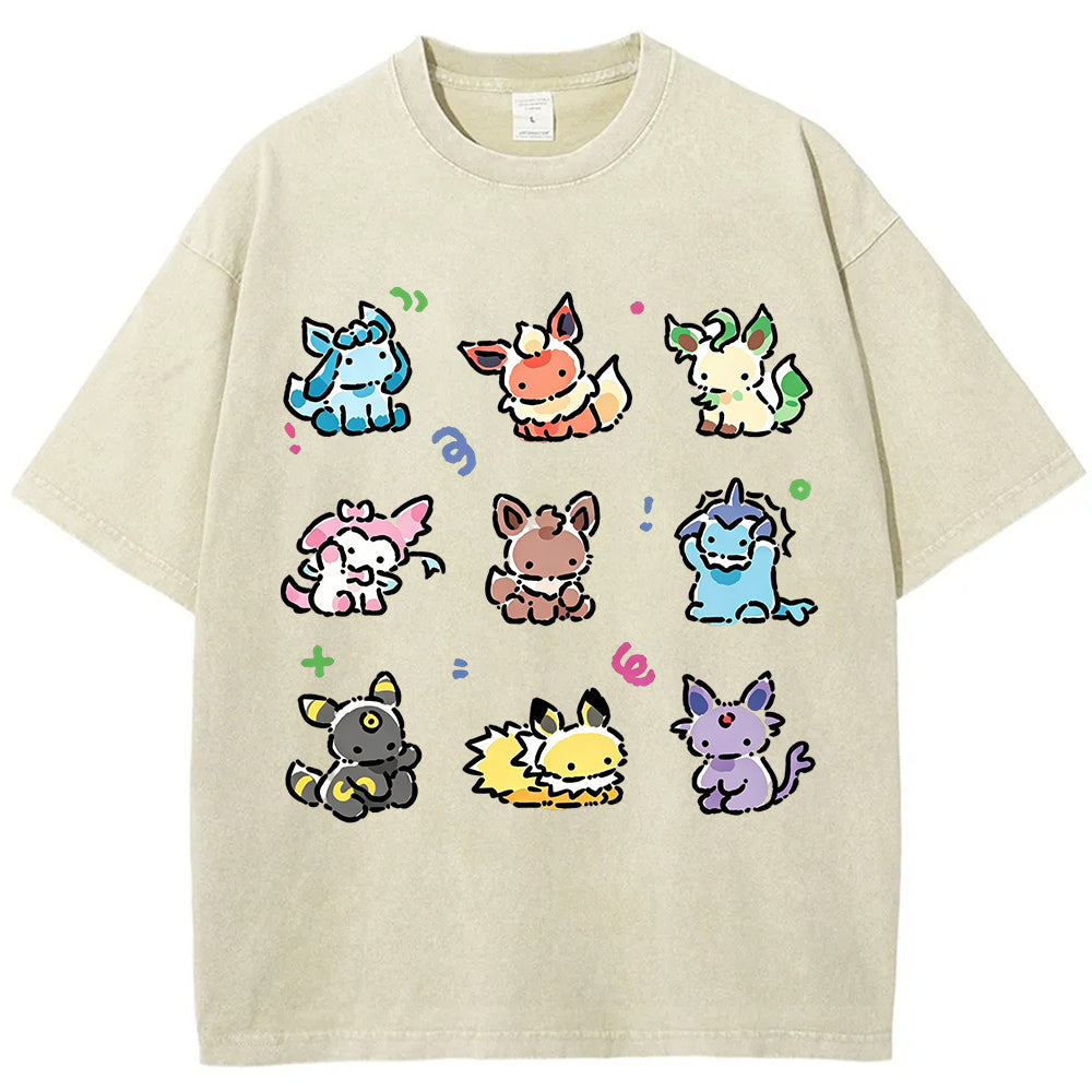 Vintage Washed Cute Chibi Eeveelutions PKM Graphic T-Shirt Main image