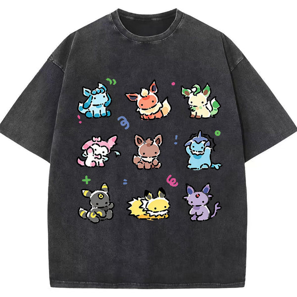 Vintage Washed Cute Chibi Eeveelutions PKM Graphic T Shirt