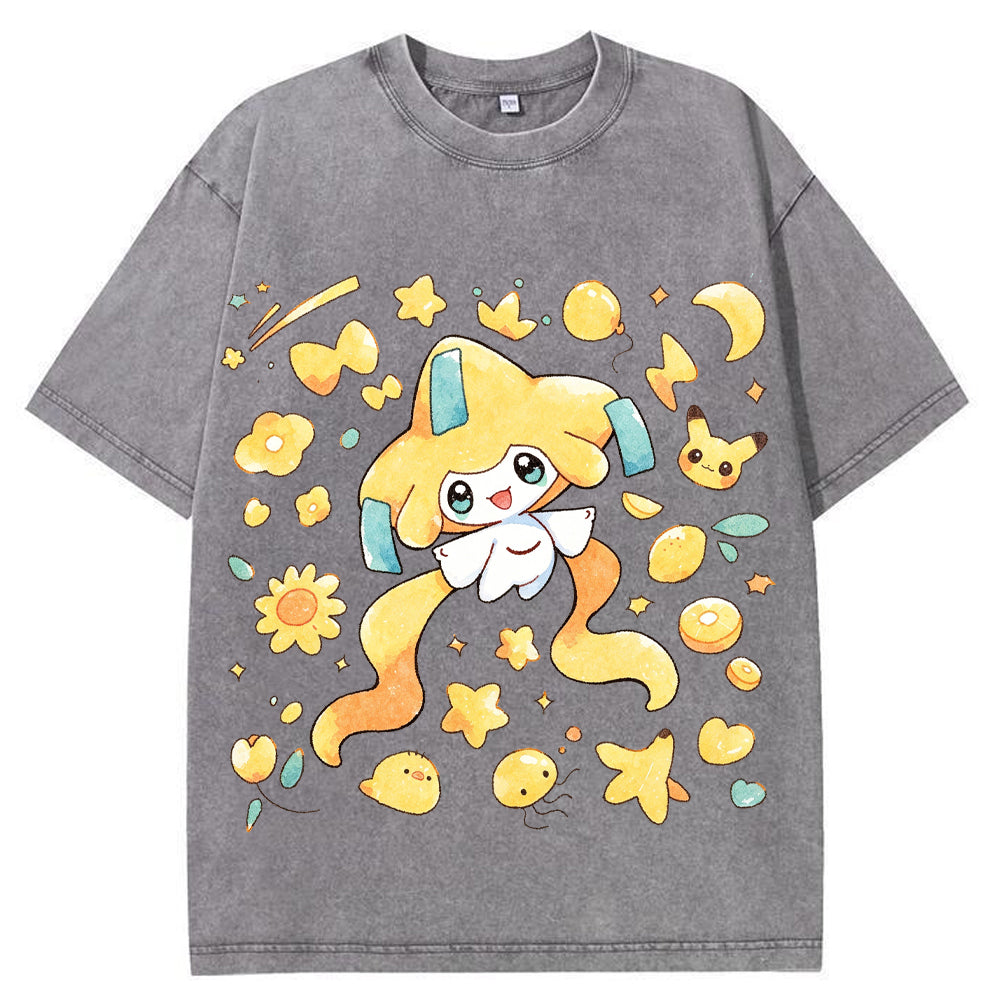 Cute Jirachi Starry Watercolor Vintage Washed T-Shirt | Pokemon Anime Secondary image
