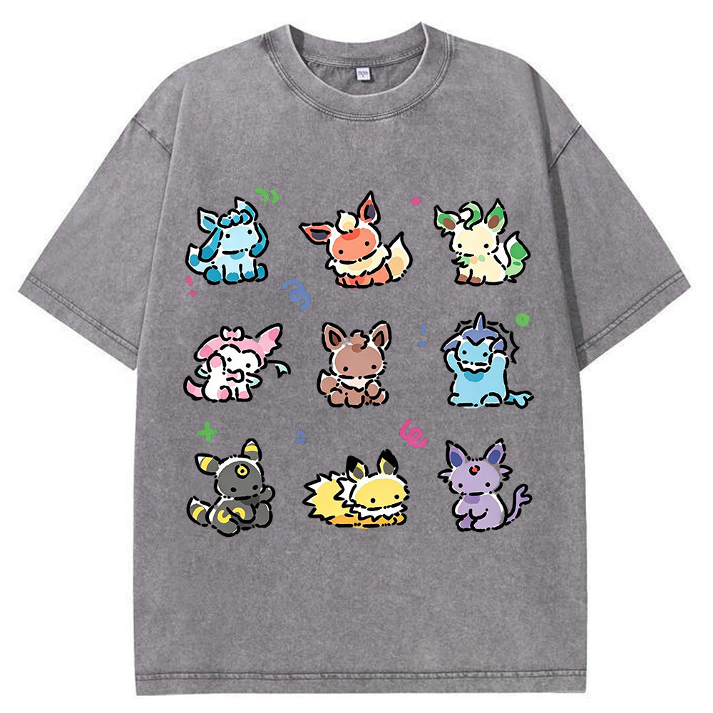 Vintage Washed Cute Chibi Eeveelutions PKM Graphic T Shirt