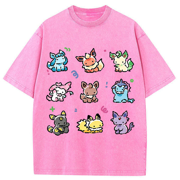 Vintage Washed Cute Chibi Eeveelutions PKM Graphic T Shirt