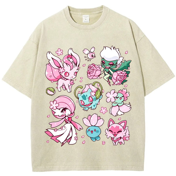 Cherry Blossom Grass Fairy Type Squad Cartoon Tee | Pokemon Anime