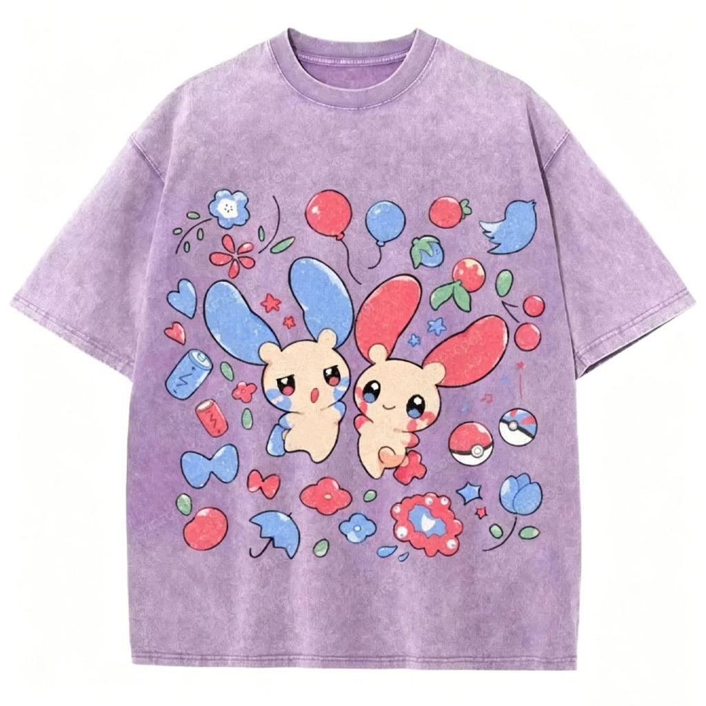 Pokémon Plusle And Minions Unisex Vintage Washed Tee