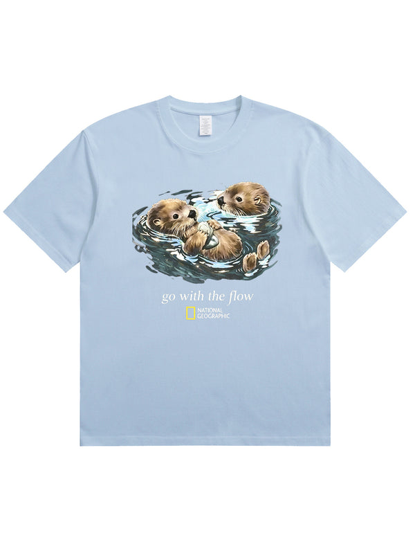 Retro Go With The Flow Sea Otter Graphic Soft Cotton T-Shirt