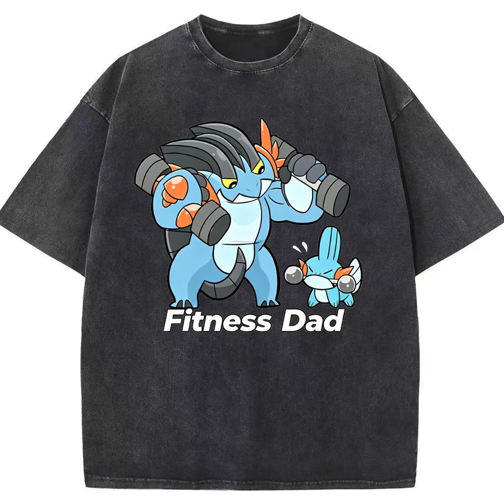 Fitness Dad Marshtomp Mudkip Gym Cartoon Vintage Washed T-Shirt