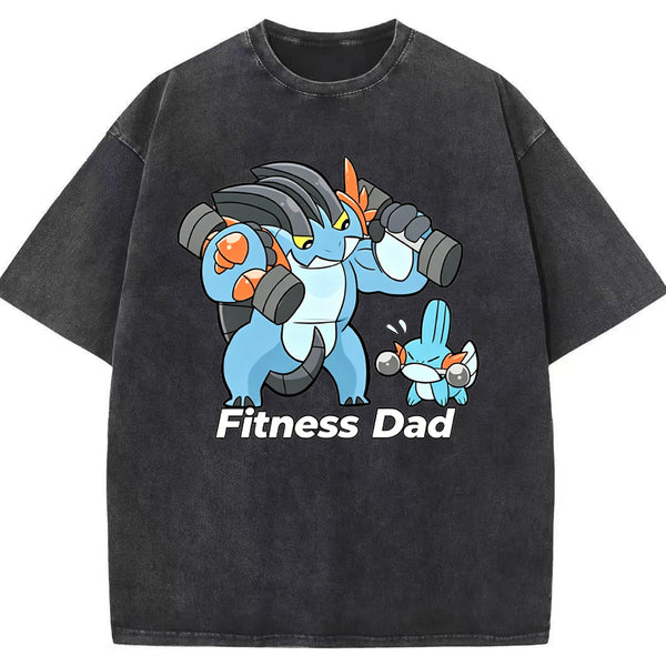 Fitness Dad Marshtomp Mudkip Gym Cartoon Vintage Washed T-Shirt