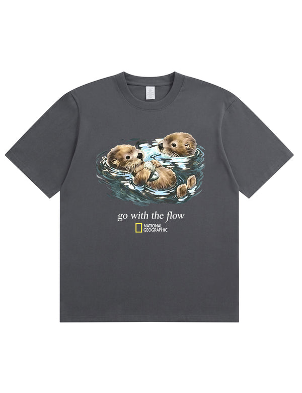 Retro Go With The Flow Sea Otter Graphic Soft Cotton T-Shirt