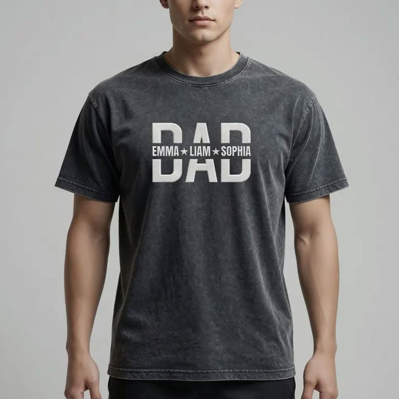 Custom Embroidered Dad Washed T-Shirt With Kids Names