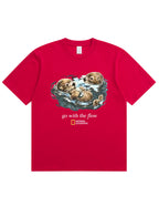 Retro Go With The Flow Sea Otter Graphic Soft Cotton T-Shirt