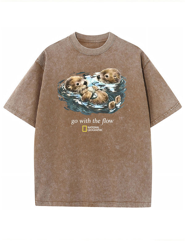 Retro Go With The Flow Sea Otter Graphic Vintage Washed T-Shirt