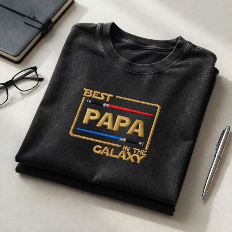 Embroidered Washed Cotton T-Shirt, Papa in Galaxy, Father's Day Gift Main image