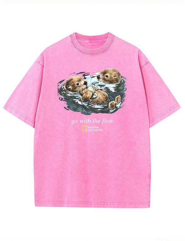 Retro Go With The Flow Sea Otter Graphic Vintage Washed T-Shirt
