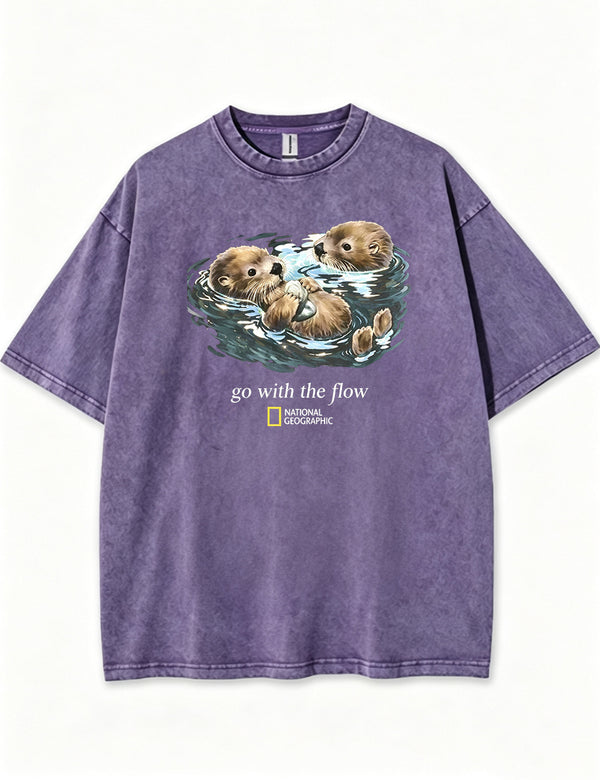 Retro Go With The Flow Sea Otter Graphic Vintage Washed T-Shirt