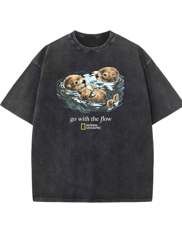 Retro Go With The Flow Sea Otter Graphic Vintage Washed T-Shirt