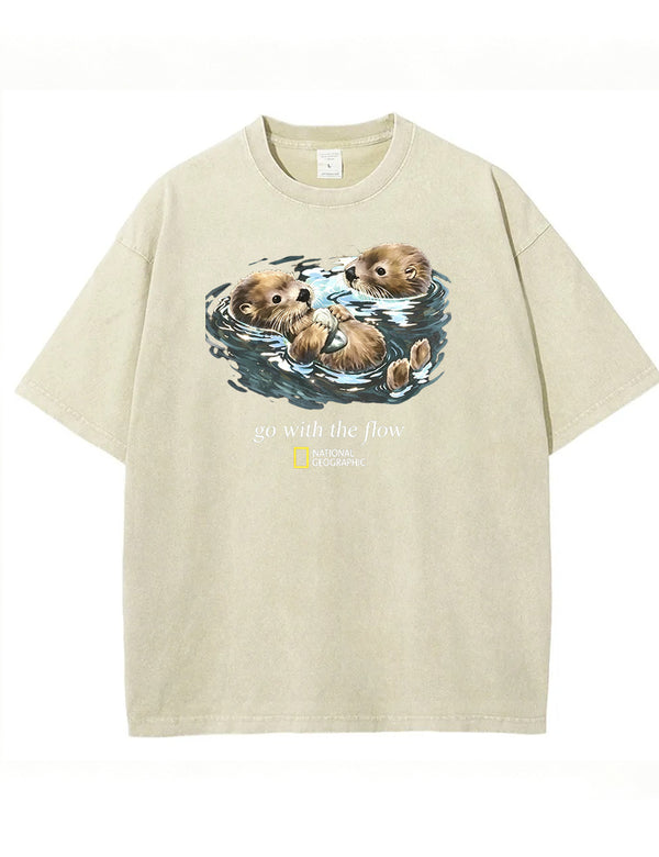 Retro Go With The Flow Sea Otter Graphic Vintage Washed T-Shirt