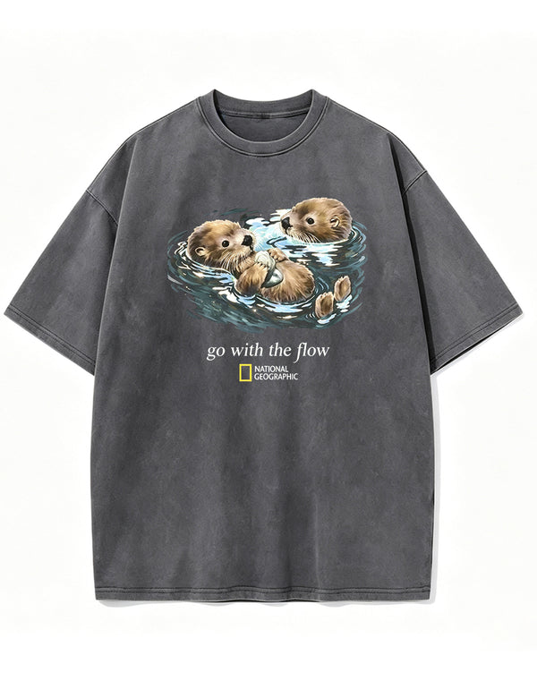 Retro Go With The Flow Sea Otter Graphic Vintage Washed T-Shirt