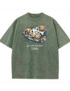 Retro Go With The Flow Sea Otter Graphic Vintage Washed T-Shirt