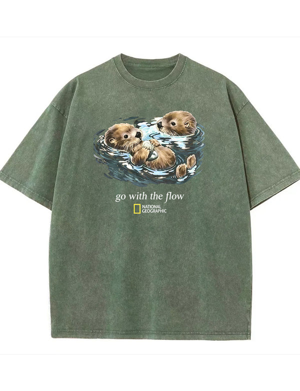 Retro Go With The Flow Sea Otter Graphic Vintage Washed T-Shirt