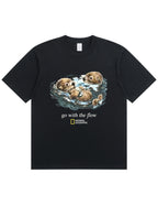 Retro Go With The Flow Sea Otter Graphic Soft Cotton T-Shirt