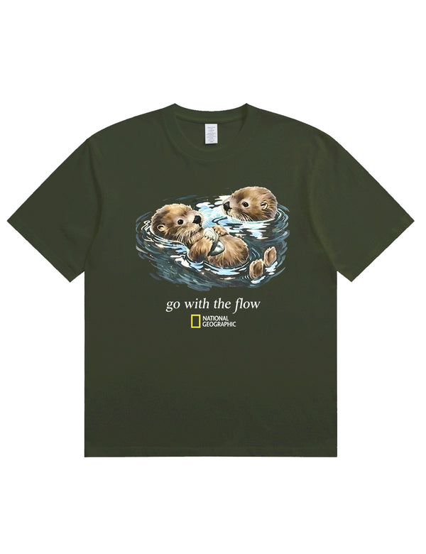 Retro Go With The Flow Sea Otter Graphic Soft Cotton T-Shirt