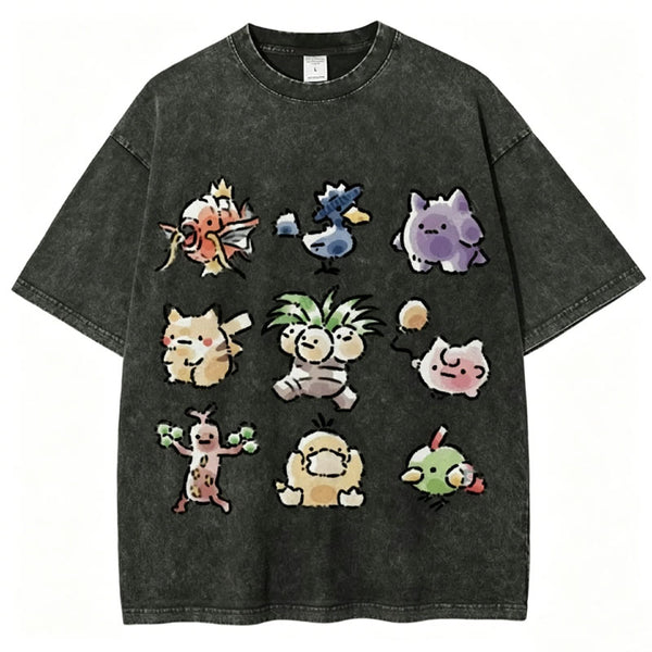 Cute Chibi Pokemon Unisex Vintage Washed Tee
