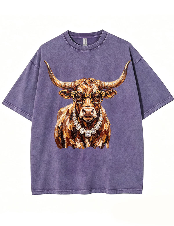 Western Glam Longhorn Bling Design Leopard Print T-Shirt