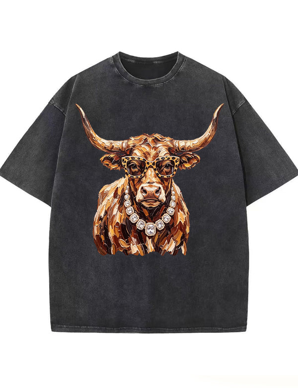 Western Glam Longhorn Bling Design Leopard Print T-Shirt