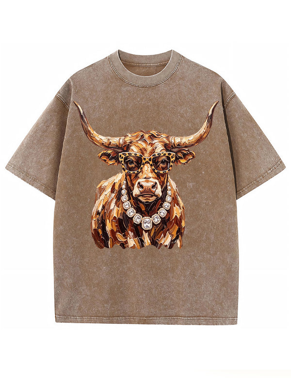 Western Glam Longhorn Bling Design Leopard Print T-Shirt
