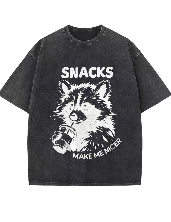 Vintage Washed Snacks Make Me Nicer Raccoon Graphic T Shirt