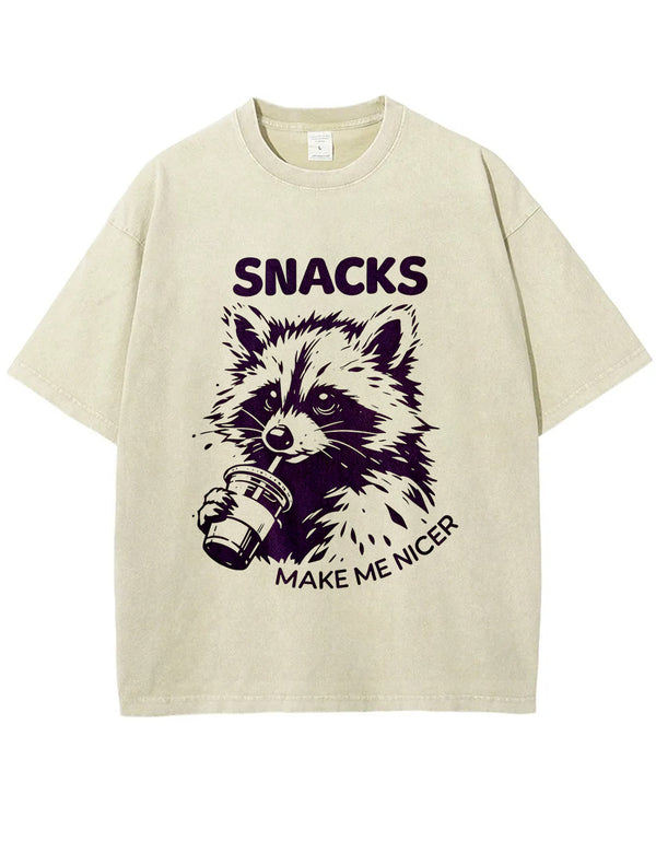 Vintage Washed Snacks Make Me Nicer Raccoon Graphic T Shirt