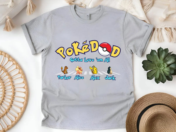 Custom Poke Dad Shirt, Personalized Kids Names, Father's Day Gift Tee