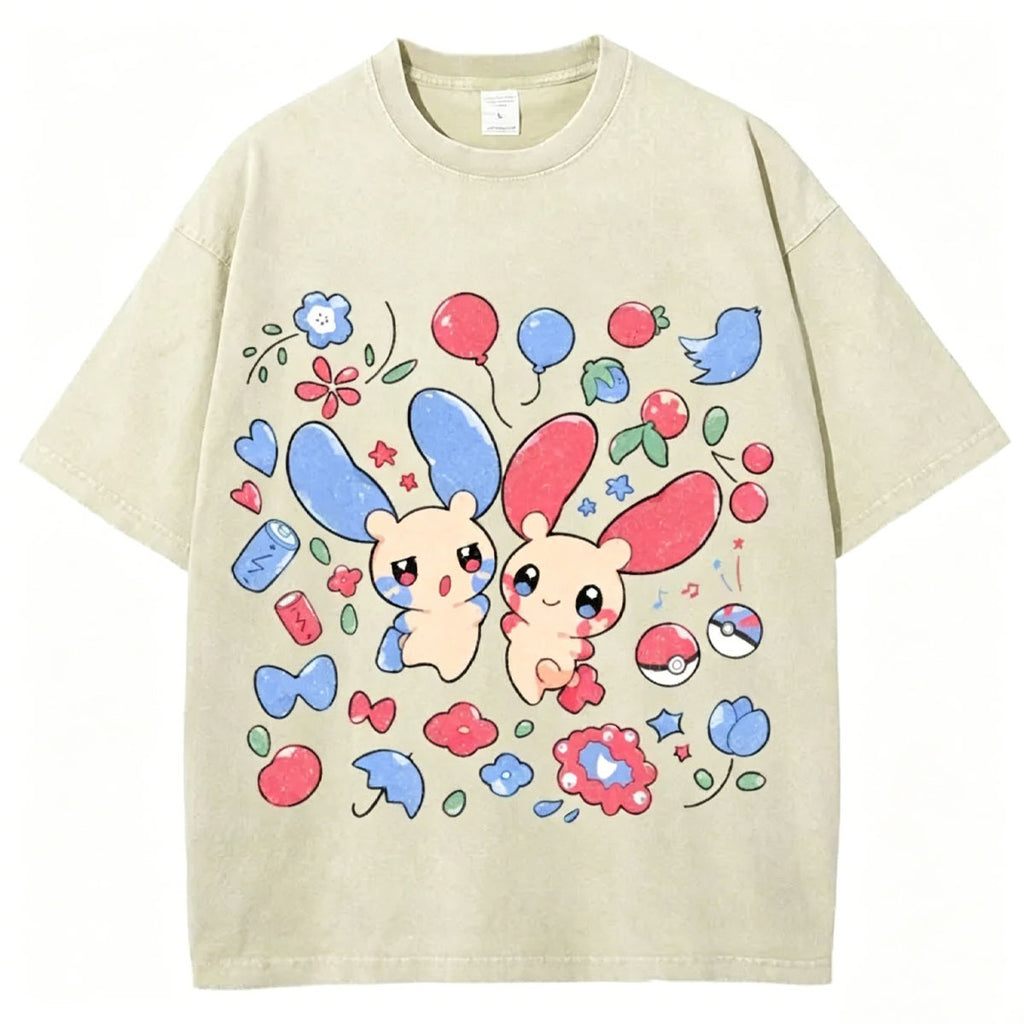 Pokémon Plusle And Minions Unisex Vintage Washed Tee