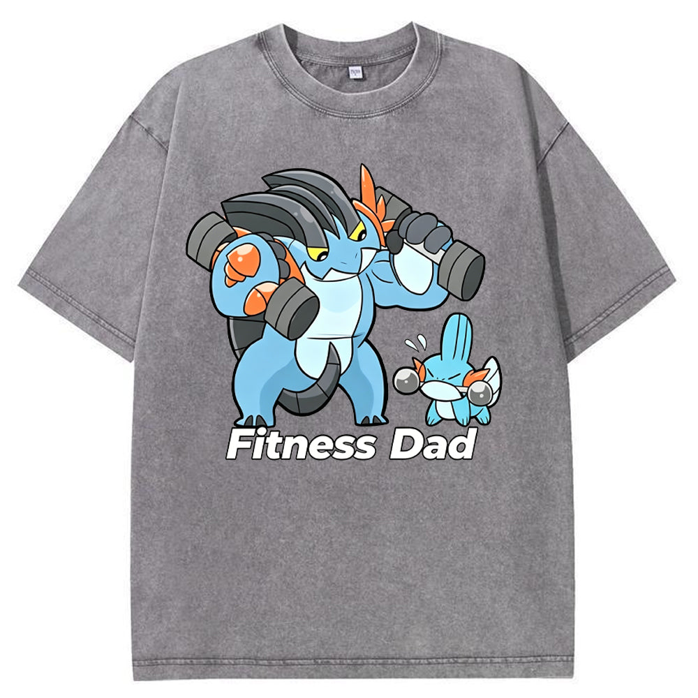 Fitness Dad Marshtomp Mudkip Gym Cartoon Vintage Washed T-Shirt