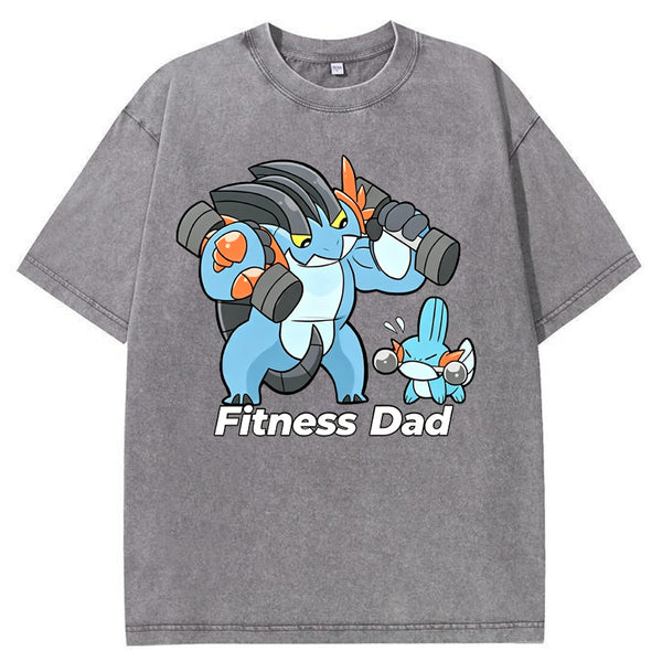 Fitness Dad Marshtomp Mudkip Gym Cartoon Vintage Washed T-Shirt