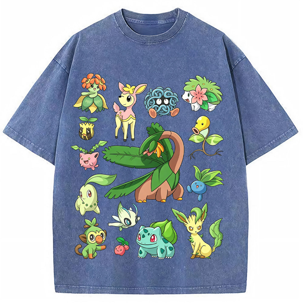 Woodland Grass Type Pokemon Collage Vintage Washed T-Shirt | Pokemon Anime