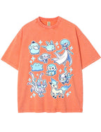 Vintage Washed Cute Blue Tone PKM Graphic T-Shirt
