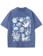 Vintage Washed Cute Blue Tone PKM Graphic T-Shirt